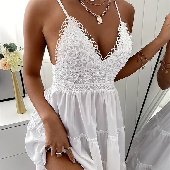 white mini spaggeti strap tie back lace dress - Picture 4 of 10